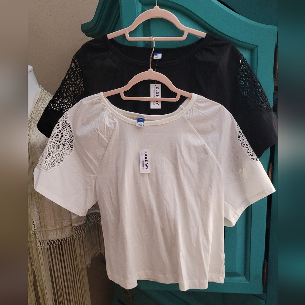 Old Navy White and Black Short Sleeve Top with Crochet Shoulder Trim- 2 Shirts
